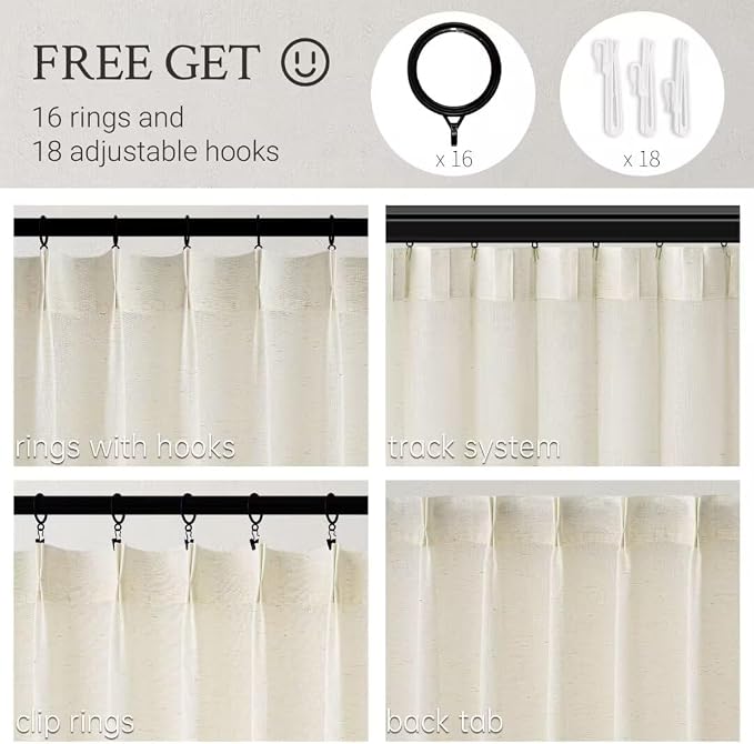 Topfinel 105 Inch Curtains 1 Panels Set, Two Packs Pinch Pleat Back Tab Linen - Image 2