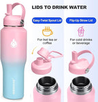 SENDESTAR 32oz Water Bottle Wide Mouth Stainless Steel Vacuum Insulated Double Wall with 2 Straw Lids Fit in Any Car Cup Holder TXIN-32-PB-1