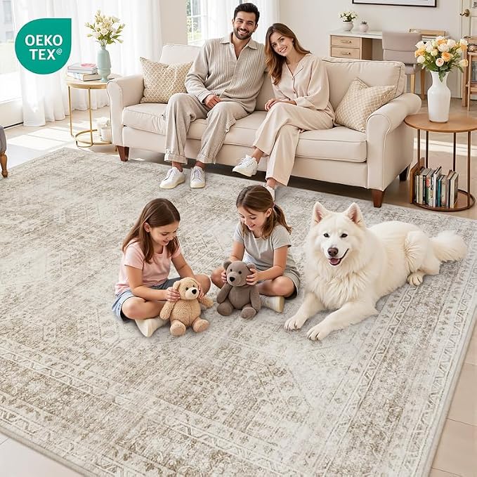 5x7 Area Rugs Living Room: Bedroom Neutral Washable Carpet Brown | Vintage Boho - Image 8