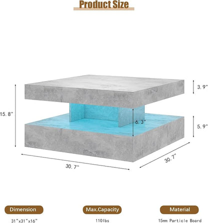 HedoAjim Grey LED Coffee Table for Living Room, Living Room Table 2-Tier Square - Image 2