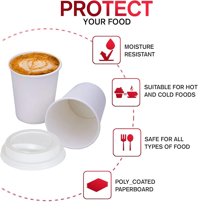 Smygoods White Disposable Paper Coffee Cups with Lids (8 OZ, 100 Count) For Hot Beverages, Tea, Espresso, Cocoa - To Go Drink Containers, Café & Office