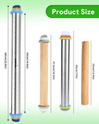 Adjustable Rolling Pin with Thickness Rings for Baking, Adjustable Stainless Steel Designs Dough Roller Pins for Cookie Decorating & Dough Pizza Pie Adjustable Long Rolling Pin 23.6 Inch