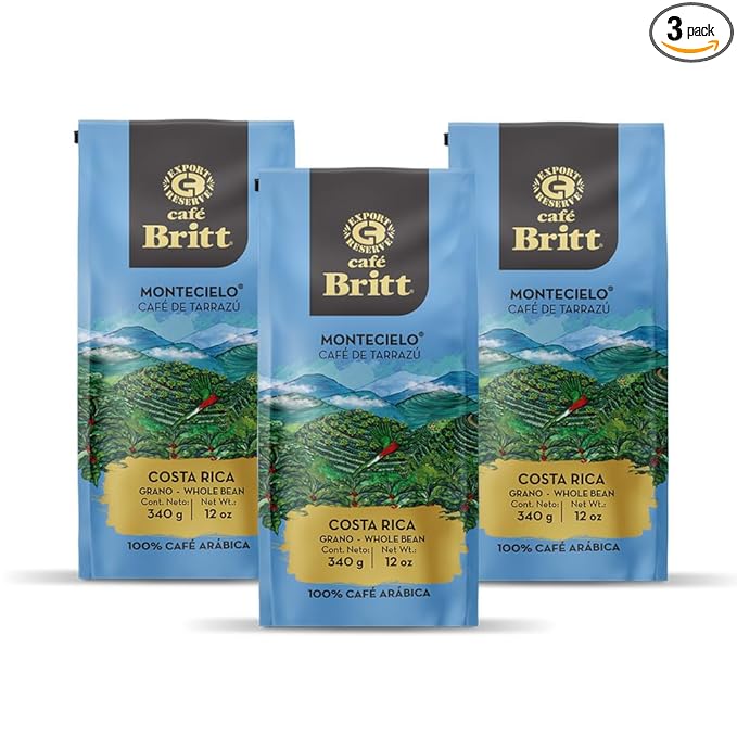 Café Britt® - Costa Rican Montecielo, Coffee From Tarrazu (12 oz.) (3-Pack) - Whole Bean, Arabica Coffee, Kosher, Gluten Free, 100% Gourmet & Medium Dark Roast