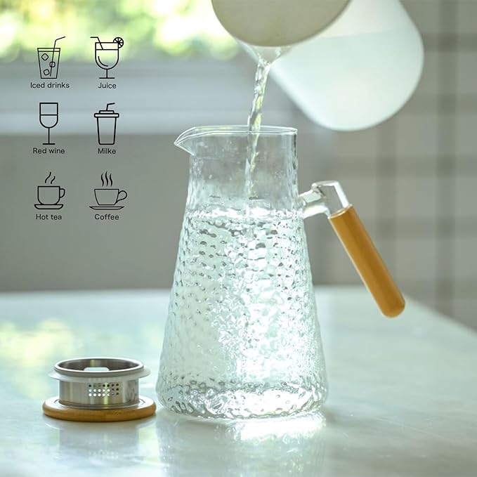 Glass Pitcher, 60 oz 1.8 Liter Glass Water Pitcher with Lid,Hand Blown Iced Tea Pitcher for Fridge,for Juice, Coffee, Milk, Cold or Hot Beverages, Heat Resistant