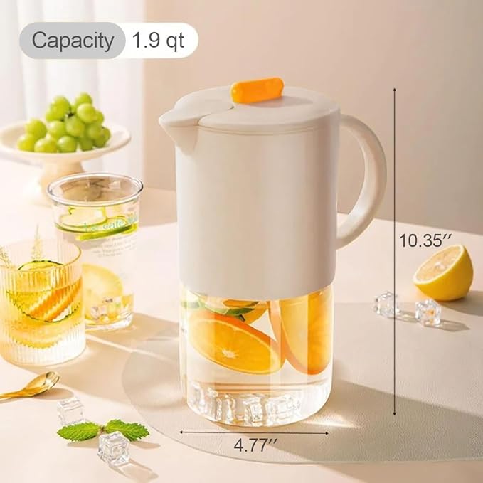 Delove Borosilicate Glass Pitcher with Lid & Auto Spout – Shatterproof Plastic Shell, Wide Mouth Design – 62 oz (1.9 Quart) Jug for Cold/Boiling Water, Iced Tea, Juice (1, Beige)