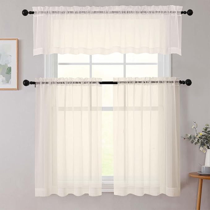 Cream Kitchen Curtains 30 Inch Length Tier 2 PCS, Solid Soft Airy Half Curtains - Image 7