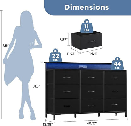 DUMOS TV Stand Dresser with 9 Fabric Drawers and Open Shelves, Entertainment - Image 3