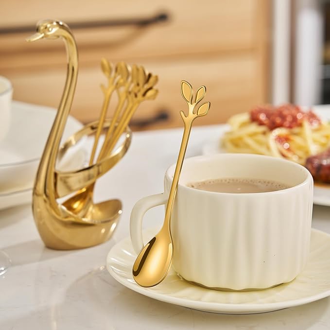 AnSaw Gold Small Coffee Spoon Holder Set,Swan Base With 10 Pcs Demitasse Espresso Spoons Set,4.7" Mini Leaf Dessert Spoon,Stainless Steel Tea Spoons