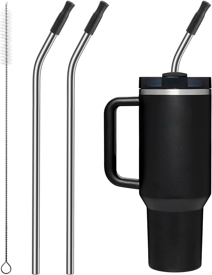 Repeatable Metal Straw with Silicone Tips for 40 oz Stanley Tumbler, 2 Pcs 40 oz Stainless Steel Straws Replacement for Stanley Tumbler, 1 Straw Brush, BPA Free（Black）
