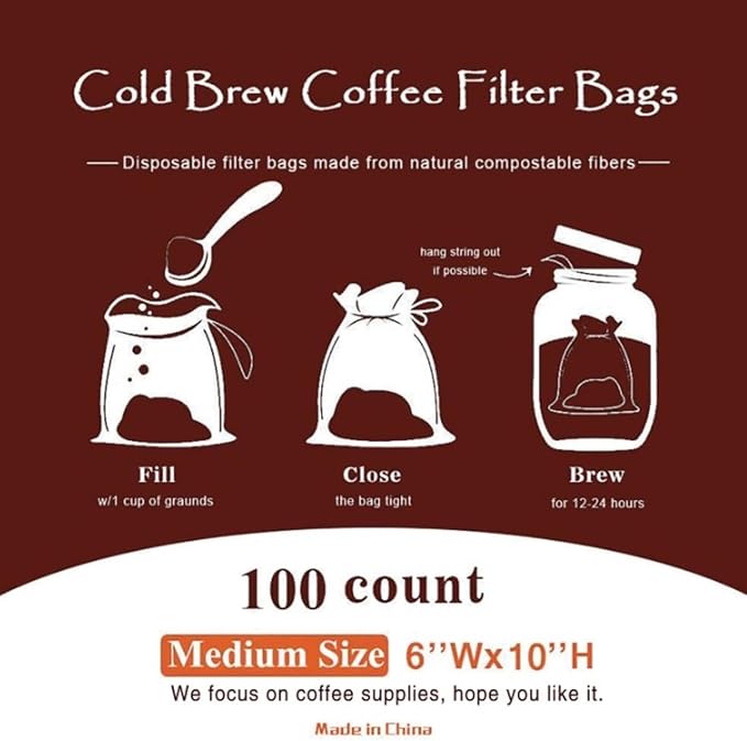 Disposable Cold Brew Coffee Filters - 100 Count Single Use Filter Sock Packs Sturdy Fine Mesh Brewing Bags for Concentrate, Iced Coffee Maker, French/Cold Press Kit, Tea in Mason Jar, 6'' x 10''