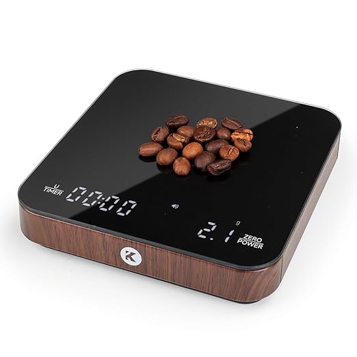 KitchenTour CaféMetric Coffee Scale with Timer 0.1g/2000g - Precision Scale for Espresso & Pour Over - Water Flow Speed Mode and Coffee Powder-to-Liquid Ratio Mode - Rechargeable, LCD Display-Wood