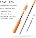 ZOKU Reusable Metal Straw with Case for Travel, Orange - Collapsible Stainless Steel Drinking Straw with Silicone Tip and Cleaner Brush, Ideal for Key Chains, Pockets, Purses