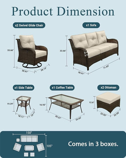 Patio Furniture Set, High Back Rattan Sofa & Swivel Rocker Chairs, Weather - Image 6