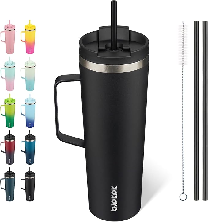BJPKPK Insulated Tumbler with Handle, 30oz Insulated Tumblers with Lid and Straw, Stainless Steel Metal Water Bottles, Coffee Travel Mugs, Cups, Black