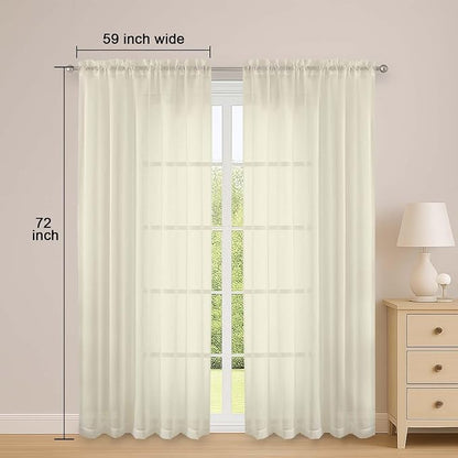 Cream Sheer Curtains 72 Inches Long 2 Panels Set, Transparent Voile Sheer - Image 2