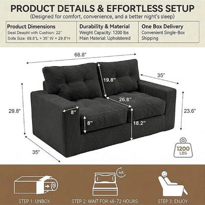 69" Corduroy Loveseat Sofa in a Box, High-Density Foam Couch, No Assembly - Image 2