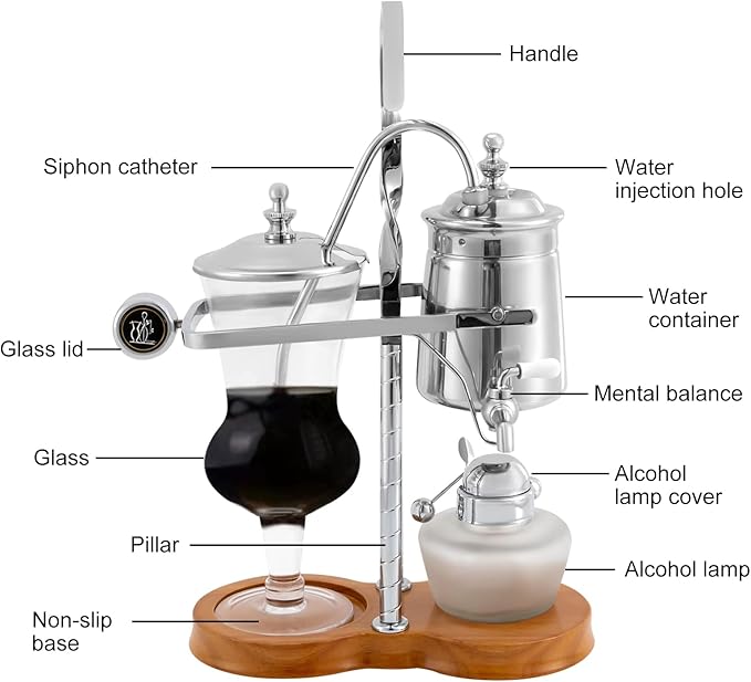 LOYALHEARTDY Vintage Siphon Coffee Maker, Belgian Luxury Syphon Coffee Machine with Royal Family Temperament, Silver Retro Royal Family Balance Siphon Coffee Maker Siphon Brewer Vintage Coffee Pot