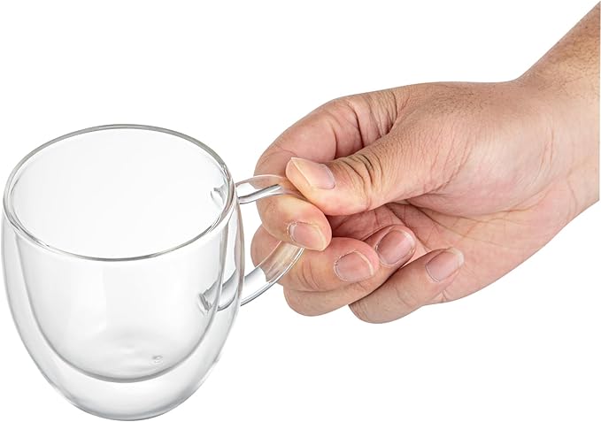 Restaurantware-Forma Professional 8.5 Ounce Glass Coffee Cups, 12 Insulated Coffee Cups With Handle - Dishwashable, Reusable, Clear Double Wall Beverage Tumblers, Freezable, For Hot Or Cold Beverages