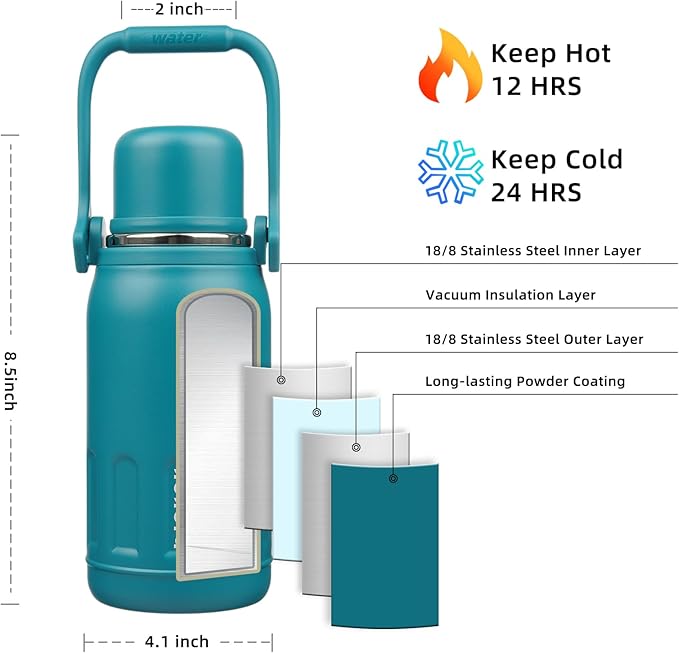 BJPKPK Insulated Water Bottle 27oz Stainless Steel Water Thermos with Handle and Cup Lid Travel Metal Thermos,Laguna