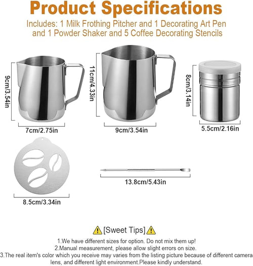 4Pieces Stainless Steel Milk Frothing Pitcher Set, Latte Art Barista Steaming Pitchers Set -Include Milk Frother Cup, Latte Art Pen, Powder Shaker, 5pcs Coffee Decorating Stencils (350ml/11oz)