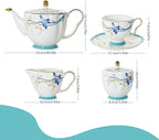 ACMLIFE Tea Cups and Saucers for 1, Bone China Teacup Set for Adults with Gold Trim and Gift Box, Blue and White Chinese English British Wedding Tea Set for One Coffee Cup Set 6.8 oz (Blue-Bamboo)
