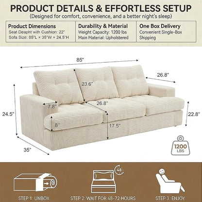 85" Corduroy 3 Seater Sofa in a Box, High-Density Foam Couch, No Assembly - Image 2