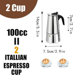 2 Cup Stovetop Espresso Maker Stainless Steel Moka Pot Stove Top Percolator Italian Coffee Makers Capable Mocha Greca Machine Cafe Classic Induction Cookers for Home and Camping 100ml 3.3oz