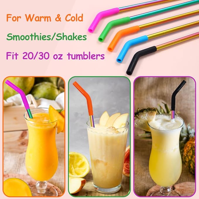 Lazycorner Reusable Stainless Steel Straws Metal Straw with Silicone Tip 5 Pcs 8mm Wide for 20/30/32oz Tumblers Smoothies and Shakes with 2 Cleaning Brushes,1 Portable Bag (Rainbow)