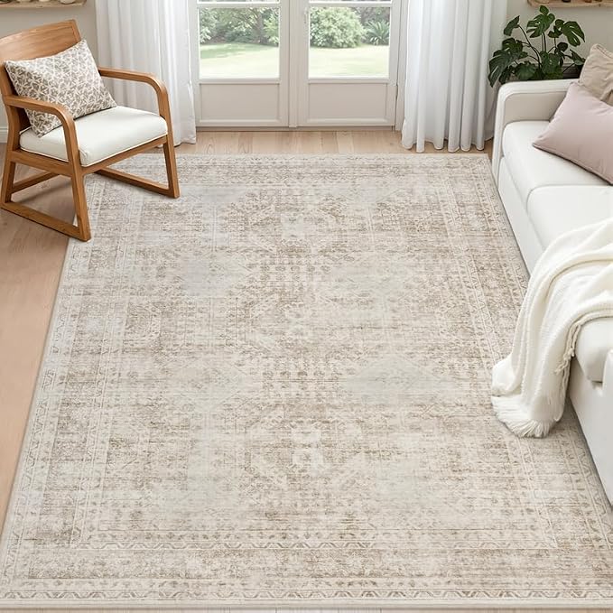 3x5 Area Rugs Living Room: Bedroom Neutral Washable Carpet Brown | Vintage Boho by Luxturiy