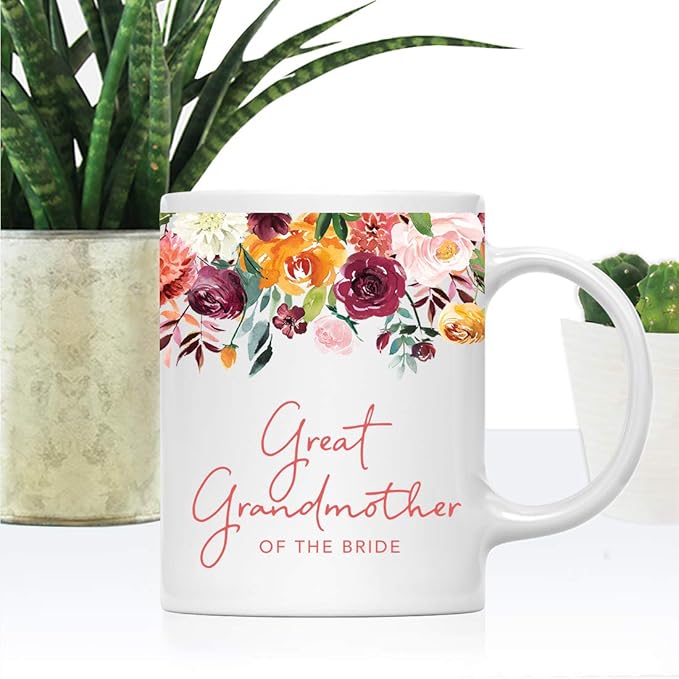 Andaz Press 11oz. Wedding Ceramic Coffee Tea Mug Gift, Fall Autumn Burgundy Orange Peach Flowers Roses Florals, Great Grandmother of the Bride, 1-Pack, Includes Gift Box