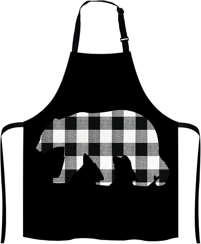 Black and White Buffalo Plaids Bear Apron Home Kitchen Waterproof Cooking Baking Gardening for Women Men