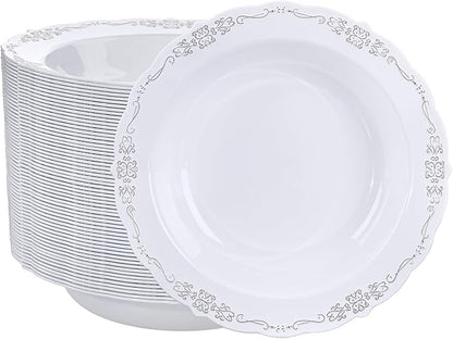 DaYammi 50 Pack Plastic Bowls with Silver Rim, 12oz Disposable Soup Bowls, Heavy Duty Dinner Bowls for Weddings, Parties, Dinners, Catering and Everyday Use