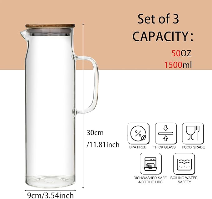 50oz Glass Pitcher with Lid, Glass Water Carafe with Handle, Fridge Water Jug Cold or Hot Beverages, Iced Tea, Milk, Juice (set of 3)