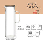 50oz Glass Pitcher with Lid, Glass Water Carafe with Handle, Fridge Water Jug Cold or Hot Beverages, Iced Tea, Milk, Juice (set of 3)