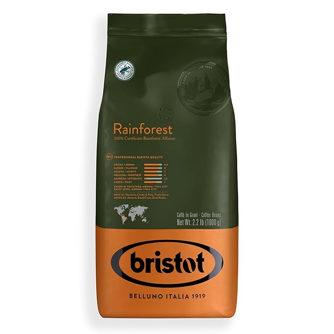 Bristot Rainforest Alliance Certified Coffee Beans – Medium Roast Italian Espresso – Whole Bean – 2.2 lb (1kg)