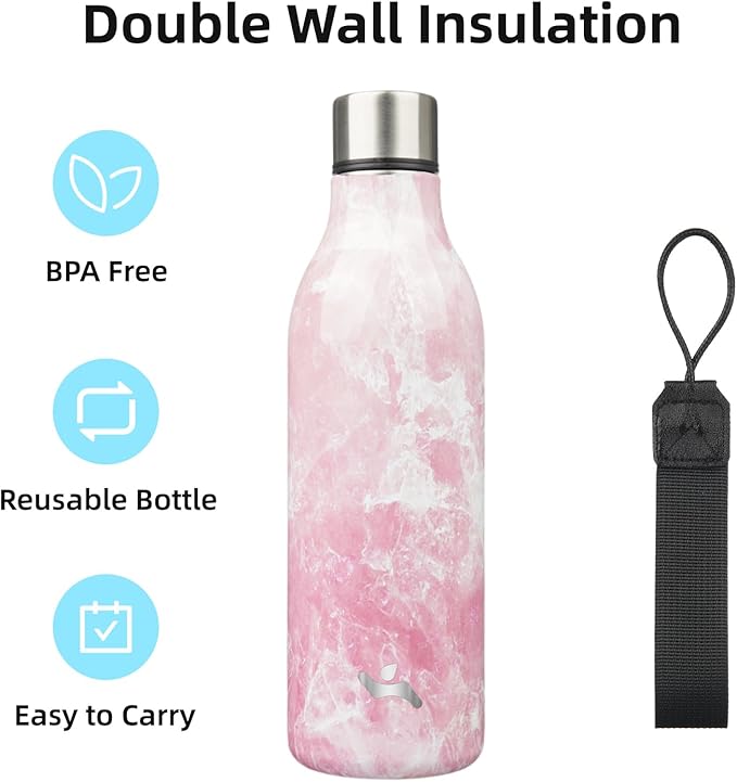 Insulated Water Bottle with Strap,25 oz Double Wall Stainless Steel Vacuum Bottles Metal Water Flask,Blossom