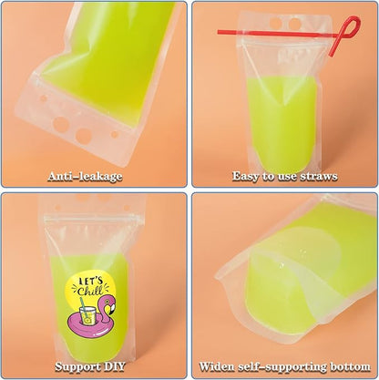50 Pcs Drink Pouches, Juice Pouches for Adults, Reusable, Reclosable Zipper Smoothie Bags for Cold & Hot Drinks with 50 Straws & Silicone Funnel