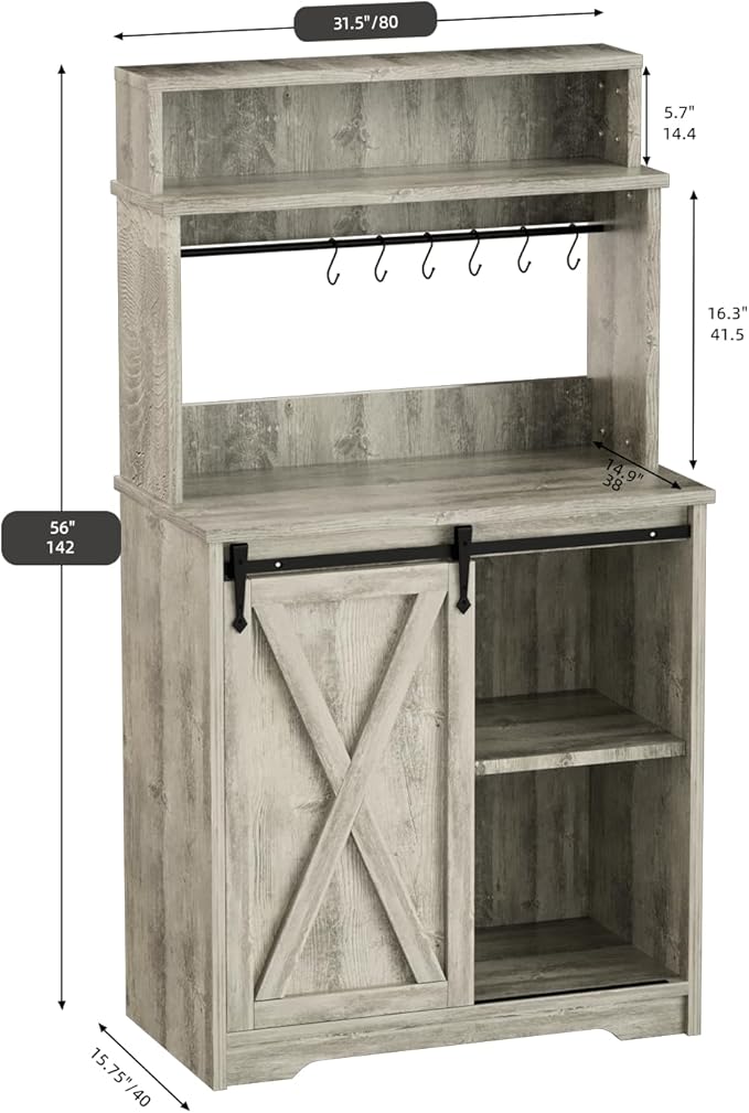 Farmhouse Coffee Bar with 3 Tier Storage Hutch, 56 Inch Small Coffee Station with 6 Hooks, Corner Bar Table with Adjustable Shelves for Living Dining Room (Grey)