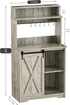 Farmhouse Coffee Bar with 3 Tier Storage Hutch, 56 Inch Small Coffee Station with 6 Hooks, Corner Bar Table with Adjustable Shelves for Living Dining Room (Grey)