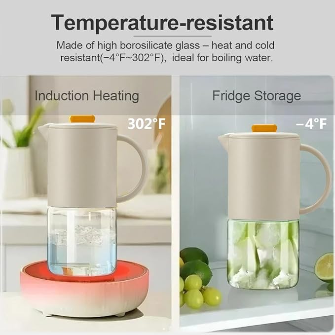 Delove Borosilicate Glass Pitcher with Lid & Auto Spout – Shatterproof Plastic Shell, Wide Mouth Design – 62 oz (1.9 Quart) Jug for Cold/Boiling Water, Iced Tea, Juice (1, Beige)