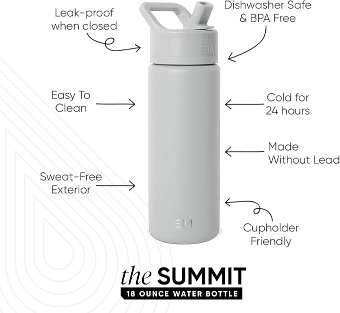 Simple Modern Kids Water Bottle with Straw Lid | Vacuum Insulated Stainless Steel Metal | Reusable Leak Proof BPA-Free Thermos for School | Summit Collection | 18oz, Ice Gray