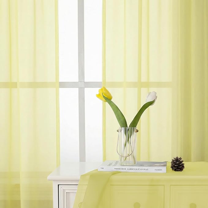 Goose Yellow Sheer Curtains 63 Inch Length 2 Panels, Light Filtering Voile - Image 2