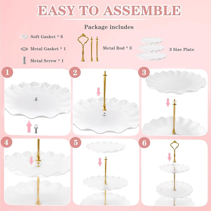 5 Pcs Dessert Table Display Set, White Plastic 2 Pcs Round 3 Tier Cupcake Stand Cup Cake Tower Stand with Metal Rod & 3 Pcs Serving Tray for Baby Shower, Tea Party, Wedding, Birthday Party