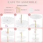 5 Pcs Dessert Table Display Set, White Plastic 2 Pcs Round 3 Tier Cupcake Stand Cup Cake Tower Stand with Metal Rod & 3 Pcs Serving Tray for Baby Shower, Tea Party, Wedding, Birthday Party