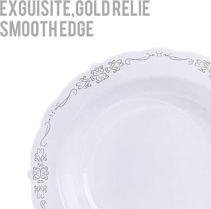 DaYammi 30 Pack Plastic Bowls with Silver Rim, 12oz Disposable Soup Bowls, Heavy Duty Dinner Bowls for Weddings, Parties, Dinners, Catering and Everyday Use