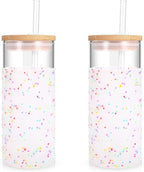 Tronco 20 oz Glass Tumbler Glass Water Bottle Straw Silicone Protective Sleeve Bamboo Lid - BPA Free (Colorful spots/ 2pack)