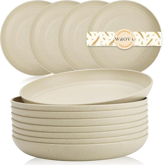 Wrova Wheat Straw Plates - 8 Inch Unbreakable Dinner Plates Set of 8 - Dishwasher & Microwave Safe Plastic Plates Reusable - Lightweight Small Plates for kitchen,R.V. (Beige)