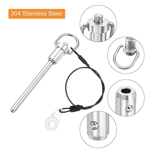 uxcell 1 Pcs Quick Release Pin, 6.3x64mm/1/4" x 2.52"(Dia. x L) Push-Button Ball Locking Pin 304 Stainless Steel Ring Handle Locking Pin with Wire for Audio Bimini Top Marine, Silver