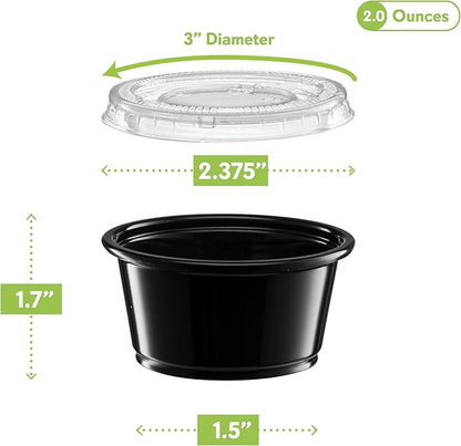 (2 oz - 100 Sets) Black Diposable Plastic Portion Cups With Lids, Small Mini Containers For Portion Controll, Jello Shots, Meal Prep, Sauce Cups, Slime, Condiments, Medicine, Dressings, Crafts
