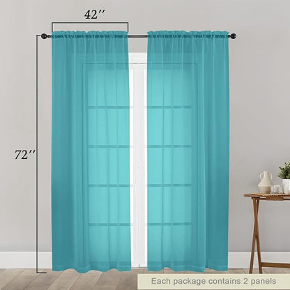 Turquoise Sheer Curtain for Bedroom Living Room 72 Inches Long 2 Panels Set - Image 2